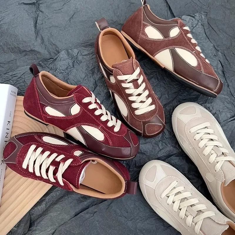 Women's Sneakers Thin-soled Designer Shoes New Wine Red Retro Cow Leather Splicing Design Walking Shoes Skeleton Correction 40