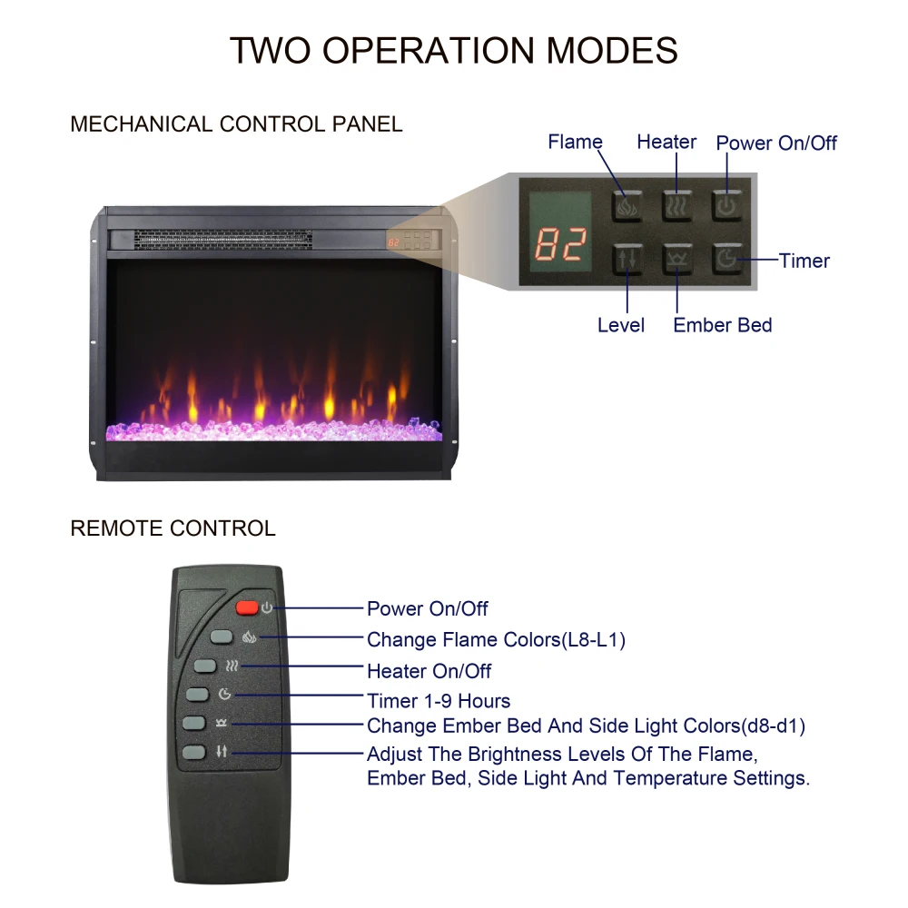 Insert de cheminée électrique, chauffage ultra fin, flamme cristal et réaliste, télécommande avec minuterie, surchauffe, 23 po