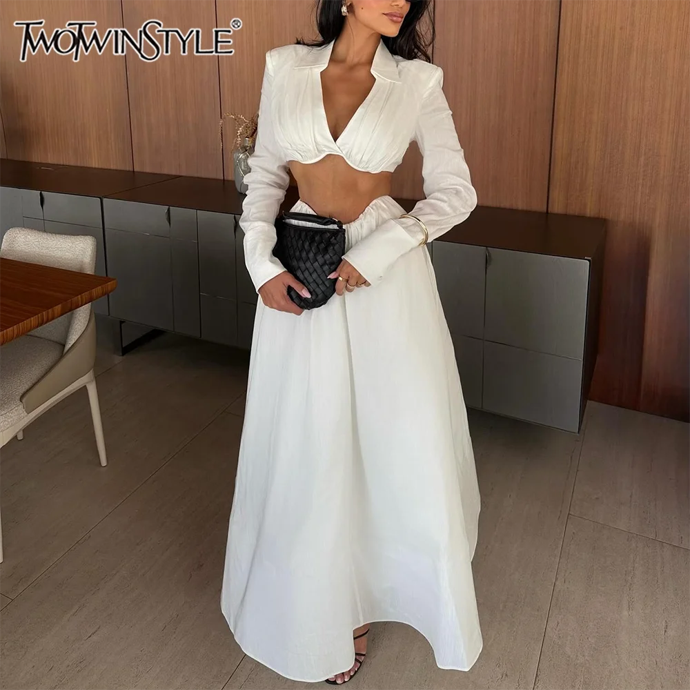 

TWOTWINSTYLE Chic White Two Piece Sets for Women Lapel Long Sleeves Crop Top Irregular Waist Maxi Skirt Set for Art Exhibition