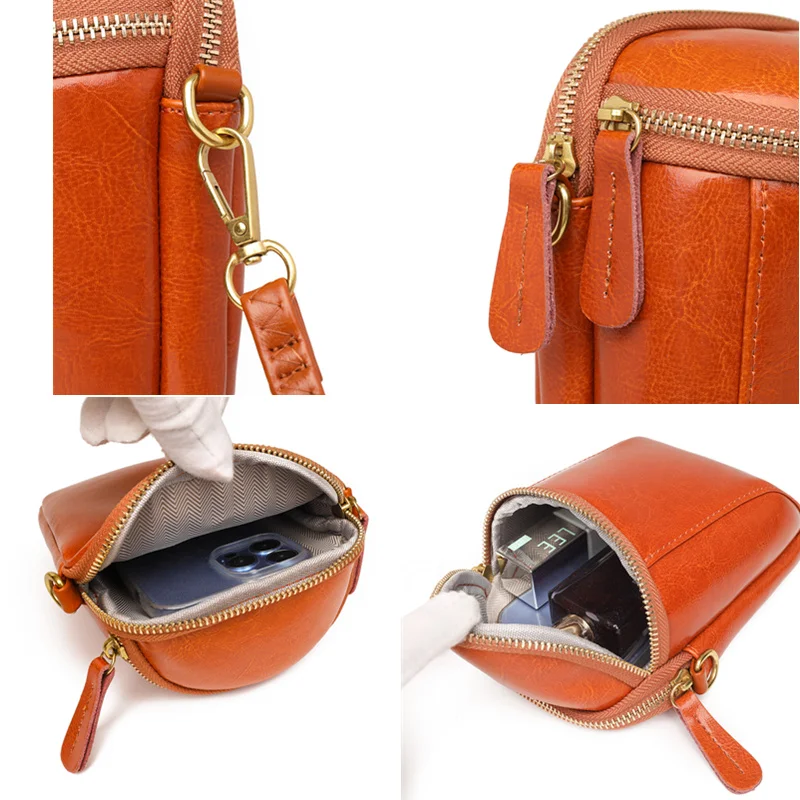 Vintage Oil Wax Cow Leather Shoulder Crossbody Bag for Women High Quality Genuine Leather Mini Ladies Mobile Phone Bag and Purse