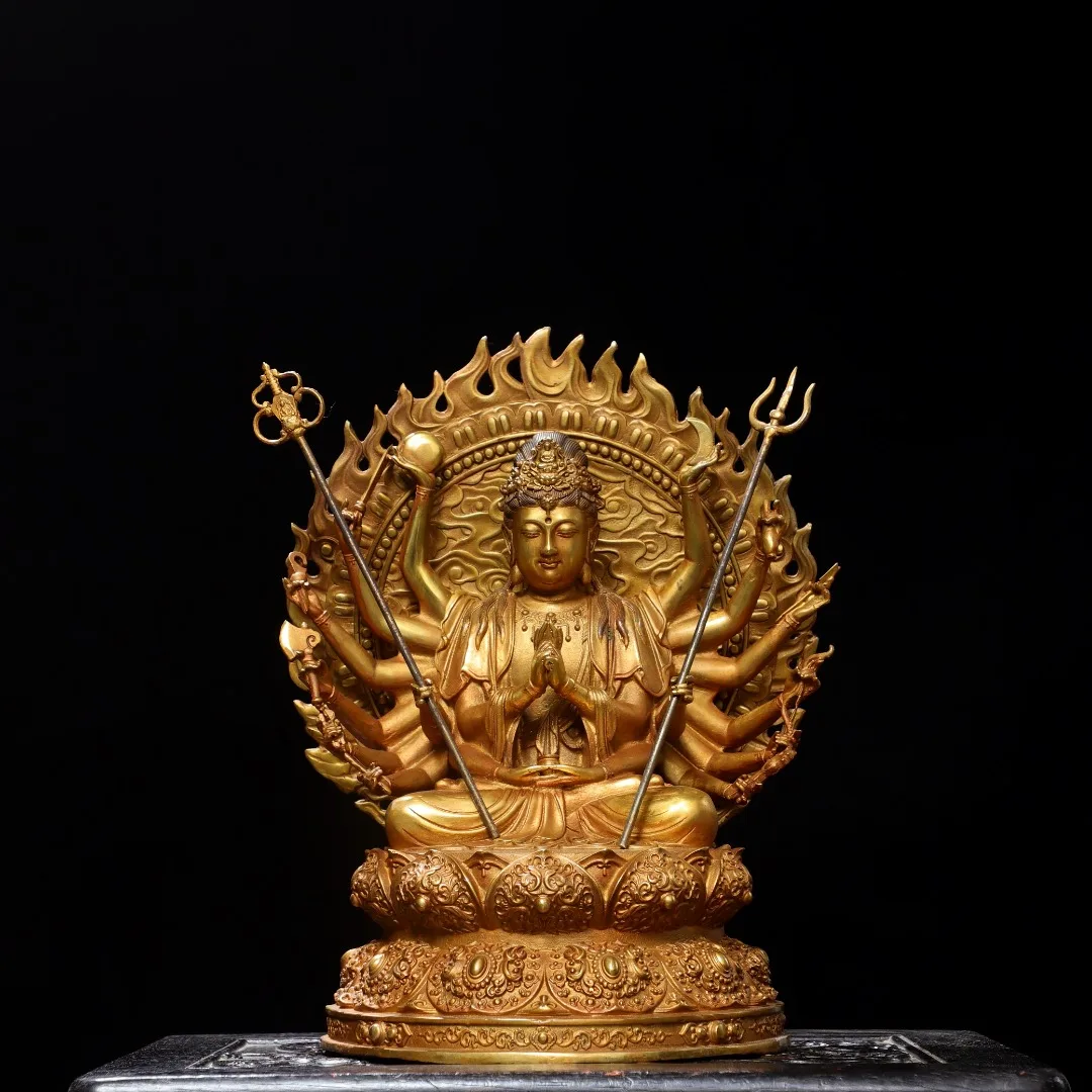 Old Bronze Gilded Cinnabar 1000 arm Guanyin Cundhi bodhisattva Sitting Buddha Study screen Backlight Worship Hall