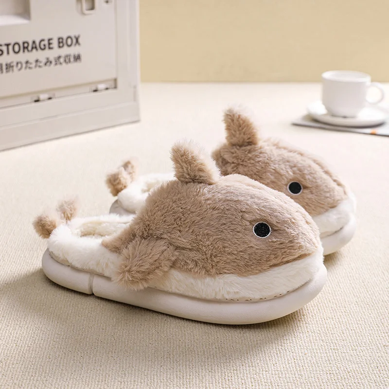 Shark Pattern Embroidery Stuffed Home Devil Slide Plaid Furry Cotton Slippers Warm Non-slip Indoor Slipper Pumpkin  Mom Gift