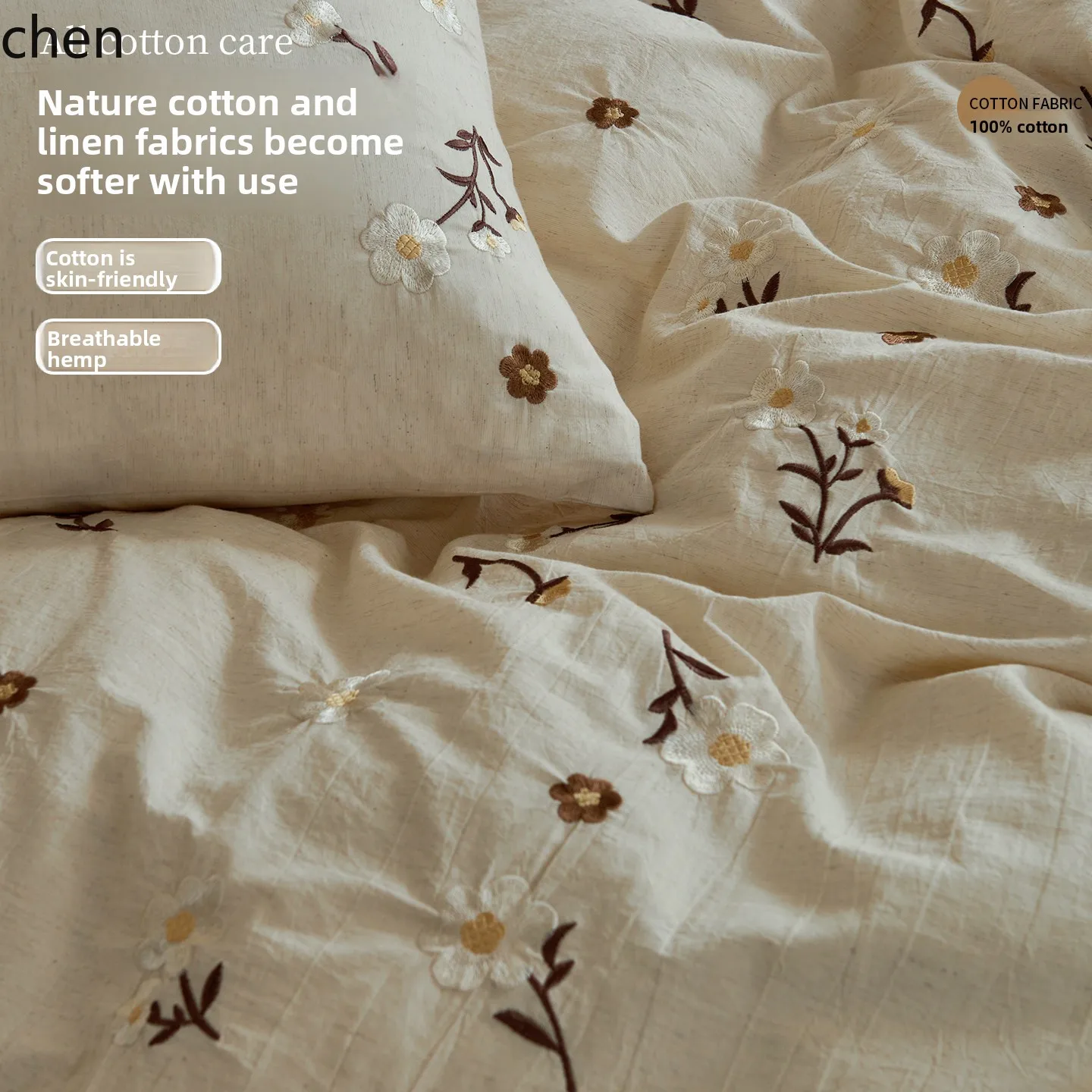 YFY casualclassy linen cotton undyed embroidered small fresh quilt cover  original color cotton and linen bed four-piece set