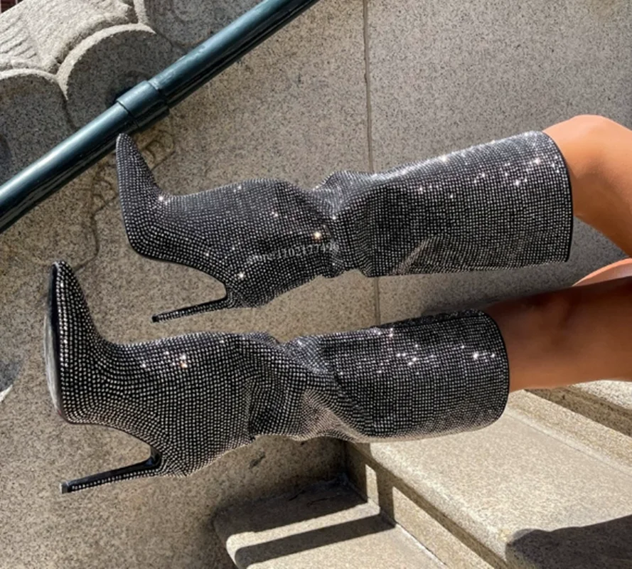 

Shiny Crystal Knee High Modern Boots Sexy Pointed Toe Thin Heel Size 35-44 New Arrivals Fashion Women Modern Boots