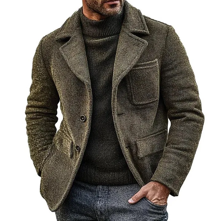 

Men's Casual Notch Lapel Faux Wool Coat Autumn Winter Pure Color Slim Fit British Style Suit Long Sleeve Decorated Coat