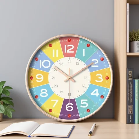 Silent Teaching Time Clock for Kids 8-Inch Kids Room Wall Decor Analog Clock Non Ticking Telling Time Teaching Wall Clock