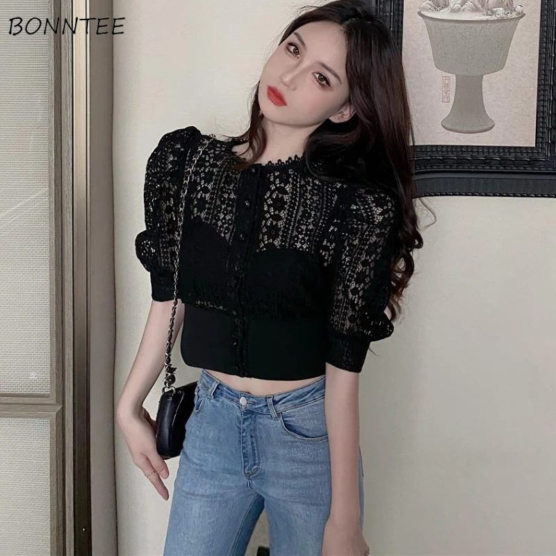 Lace Shirts Women S-3XL Design Simple Crop All-match Sexy Slim Pure Breathable Puff Sleeve French Style Femme Retro Chic Elegant