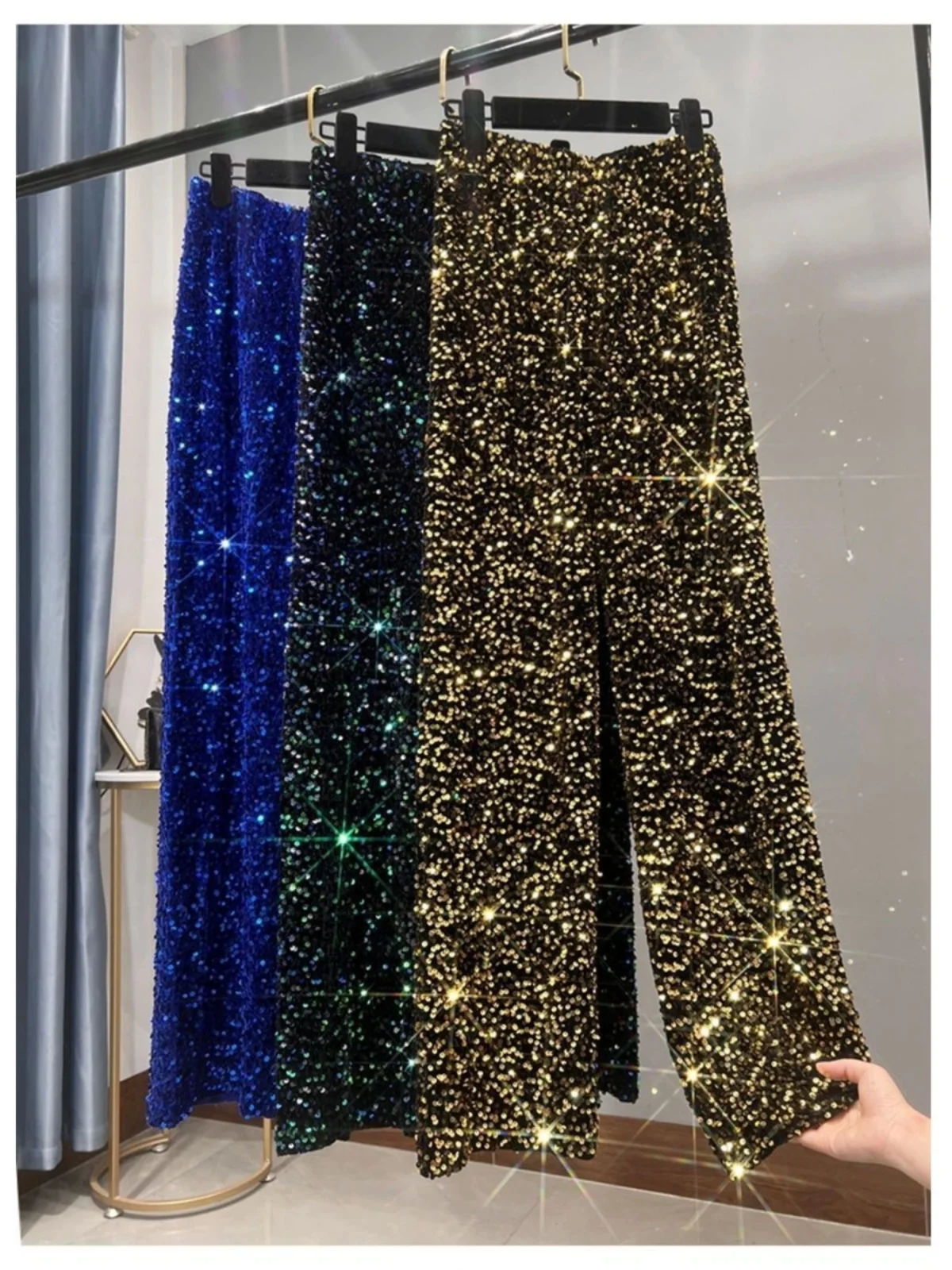 

Faion повседневные широкие брюки с блестками и высокой талией, прямые брюки, блестящие свободные длинные брюки для женщин