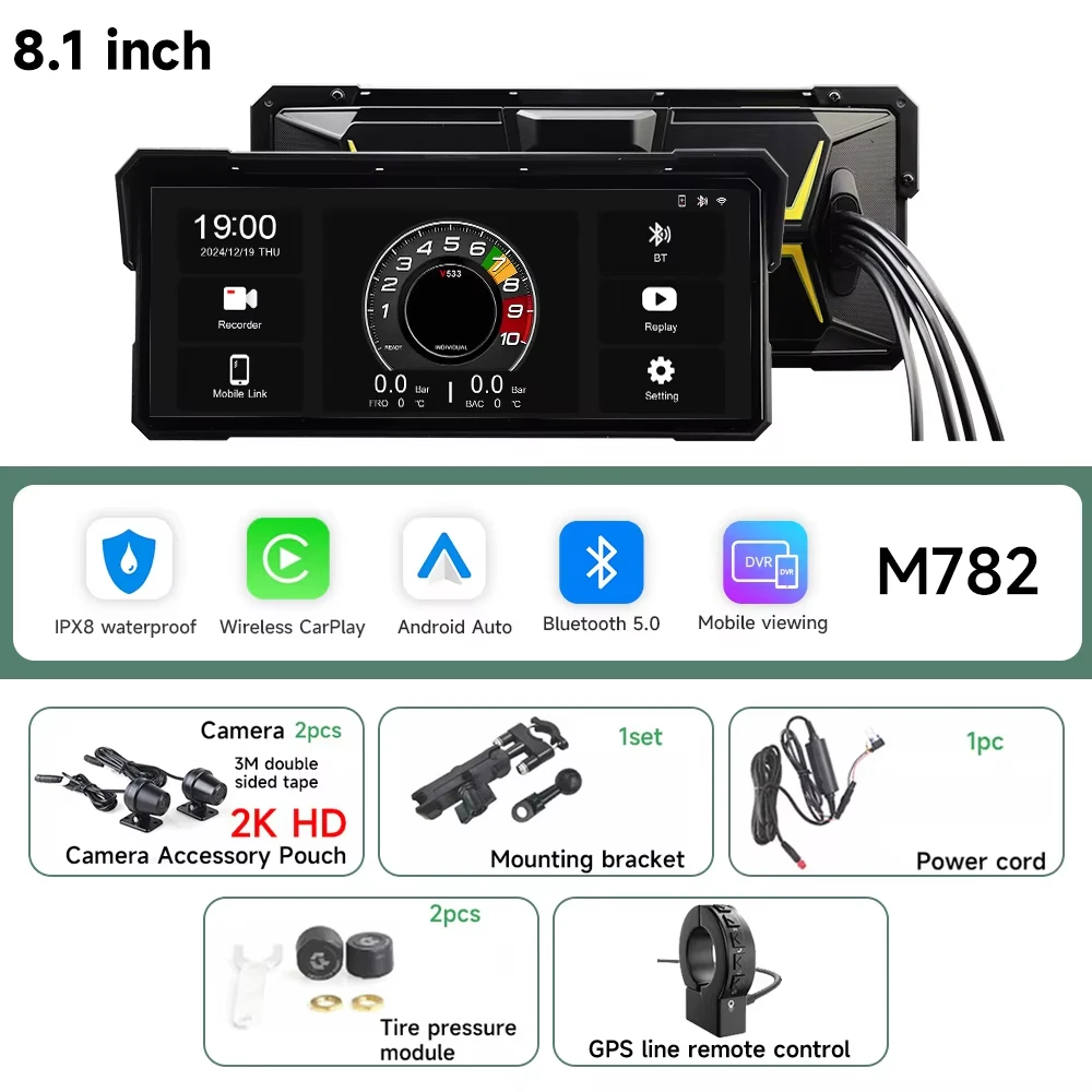 

JIUYIN 8.1'' HD Touch Screen Motorcycle Navigation GPS Carplay Android Auto Airplay Android Cast EQ Bluetooth IP68 Waterproof