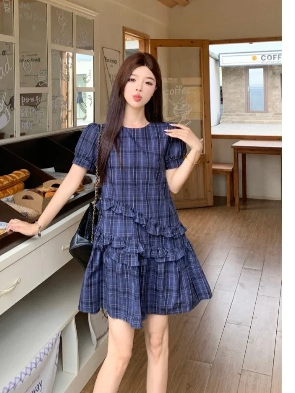 

plus Size Women's Vintage Plaid Uneven Hemline Dr with Lace Trim Slimming Waist Design Summer New Sle Ele Long Dr
