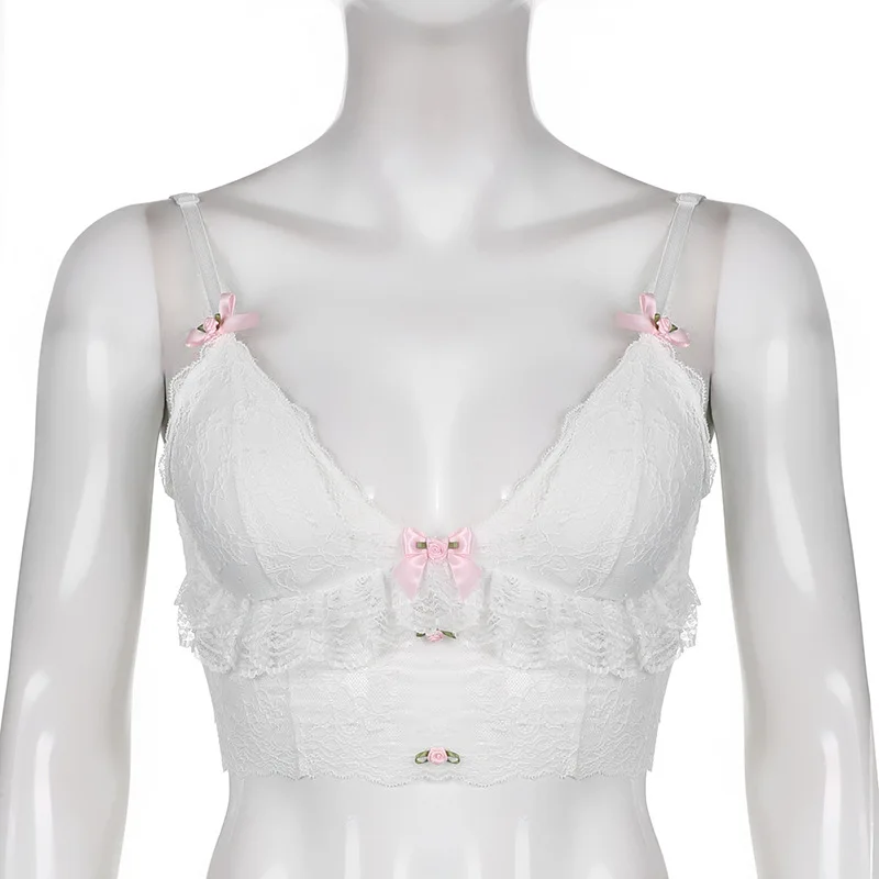 Top de corsé con volantes de Lolita blanca para mujer, ropa Y2K Harajuku Kwaii, camisola básica de encaje, Tops cortos de estética de lazos dulces góticos Pastel