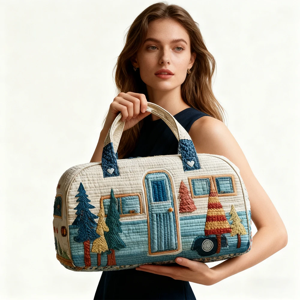 

Retro Camping Trailer Quilted Duffle Bag Unisex Casual Daypack Women Men Weekender Travel Tote 2026 Outdoor Road Trips