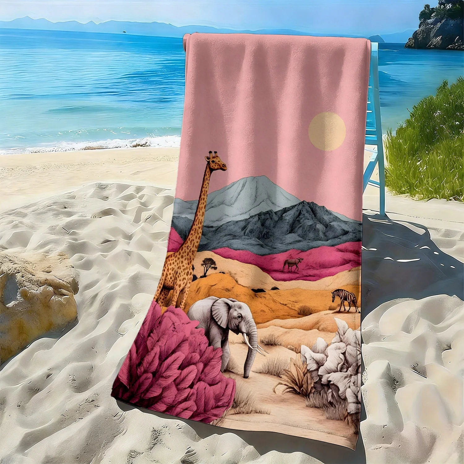 

Grassland Giraffe and Elephant Pattern polyester microfiber beach towel is highly absorbent, suitable for swimming beach outings