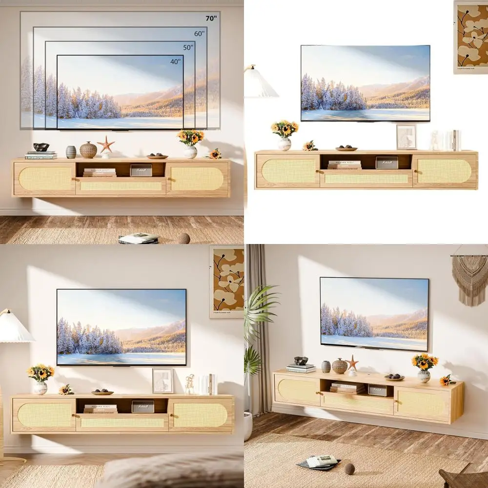 

58 Natural Oak Wall-Mounted TV Stand with Storage and Drawer for Living Room Entertainment Center