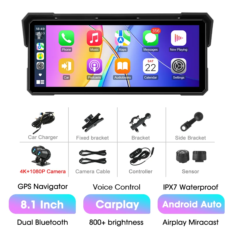 8,1 inch motorfiets waterdichte draadloze Carplay Android Auto 4K 1080P dubbele camera draagbare navigatie GPS-scherm Dual BT