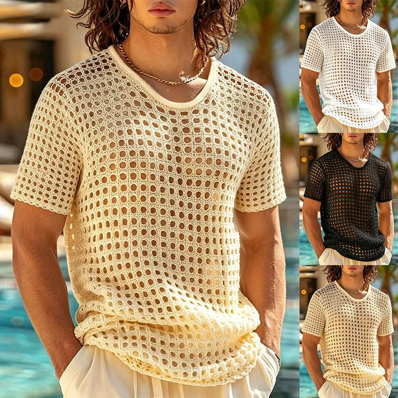 Herren Ausgehöhltes Häkel-Strick-T-Shirt Rundhals Kurzarm Durchsichtiges Netz-Oberteil Atmungsaktives Vintage Strand-Party Freizeit-T-Shirt S-2XL – Detail 1
