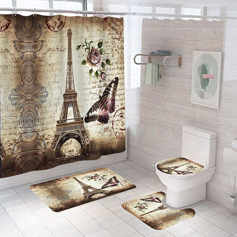 Paris Eiffel Tower Shower Curtain Set with Rugs Waterproof Curtain Bathing Screen Anti-slip Toilet Lid Cover Rugs Bathroom Decor