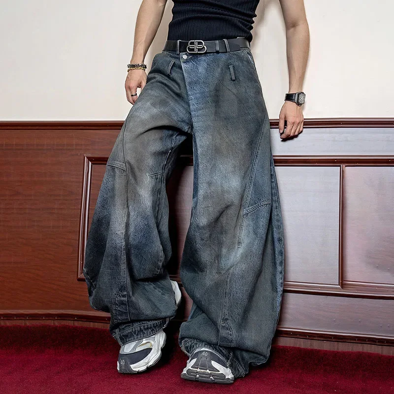 

Уличные винтажные джинсы, мужские осенние новые стильные свободные дизайнерские широкие брюки, корейская версия, джинсы в стиле ретро, брюки большого размера A