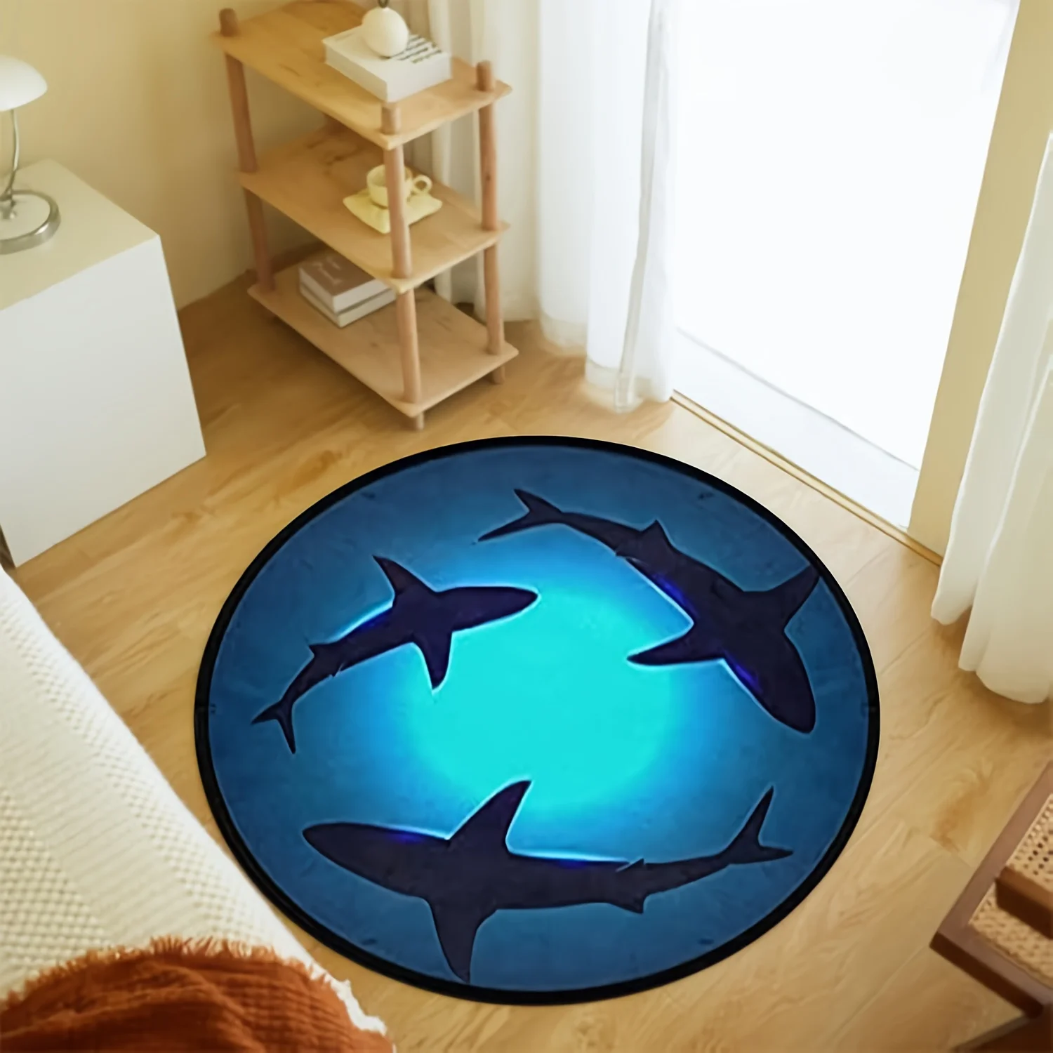 Festive Underwater Predator Motif Circular Rug Decorative Non Slip Door Mat Versatile Accent For Gym Dance Studio Lounge