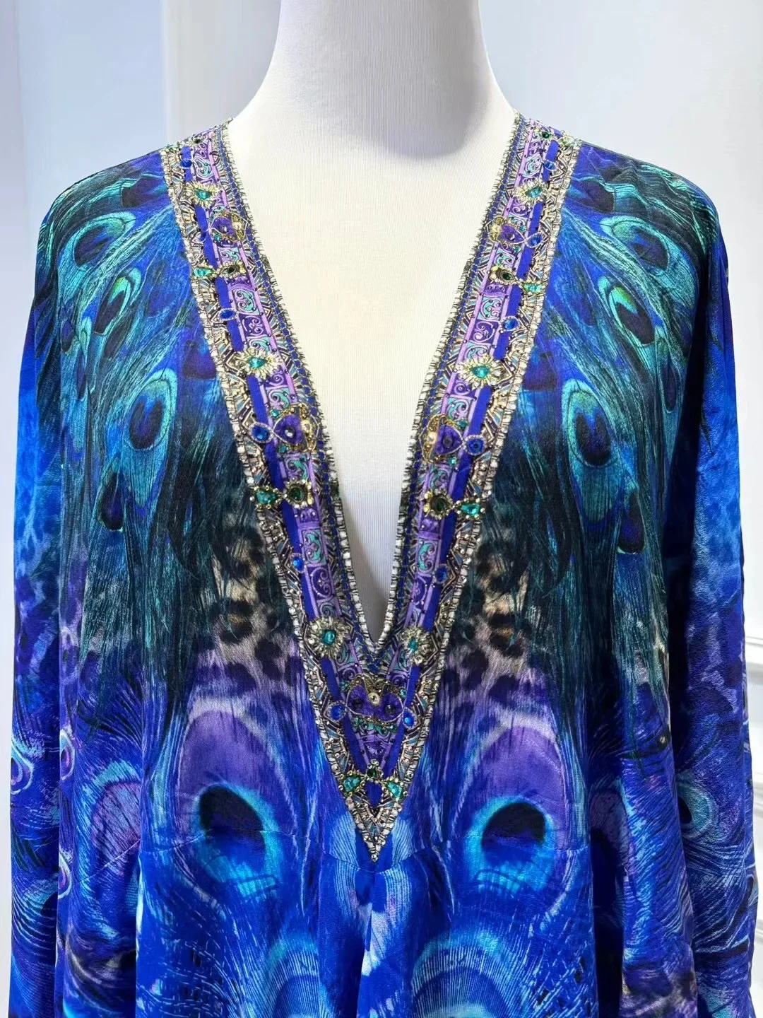 Women Irregular Hem Robe Peacock Printed V-Neck Batwing Sleeve Vintage Silk Midi Dress