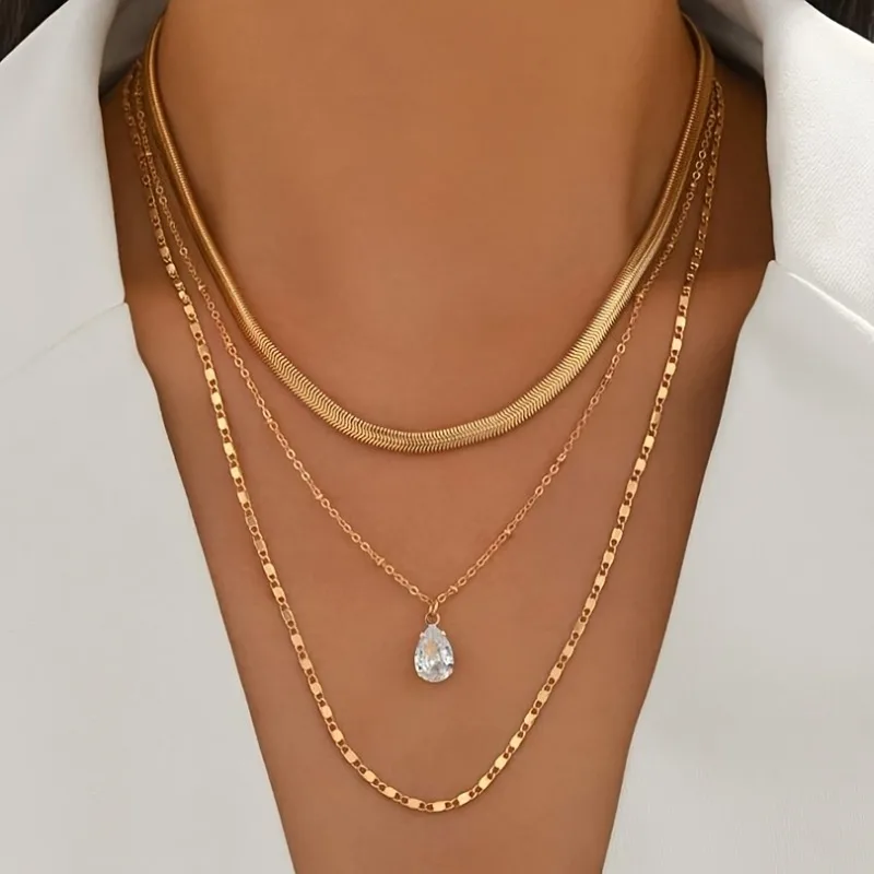 Elegant Three-layer Golden Snake Chain Teardrop Cubic Zirconia Pendant Multi-layer Chain Stackable Necklace Women's Daily Wear