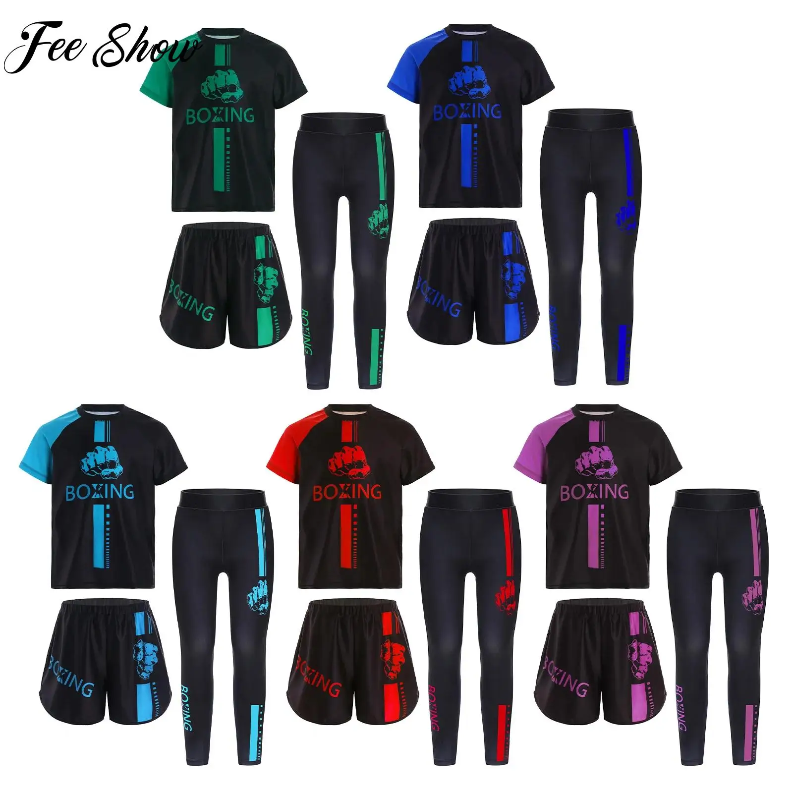 

3 шт., модный тренировочный костюм-боксер для мальчиков, боксерская футболка с круглым вырезом и короткими рукавами + шорты + леггинсы, комплект для тренировок в тренажерном зале, фитнес-тренировок