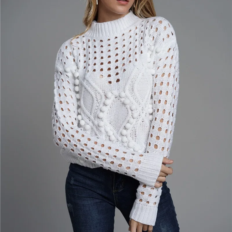 New hollowed out knitwear solid color loose women knitwear round neck pullover sweater women