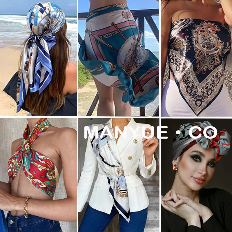 90*90cm Foulard carré en soie pour femme, marque de luxe, en Satin, Hijab, châles imprimés, Bandana, bandeau