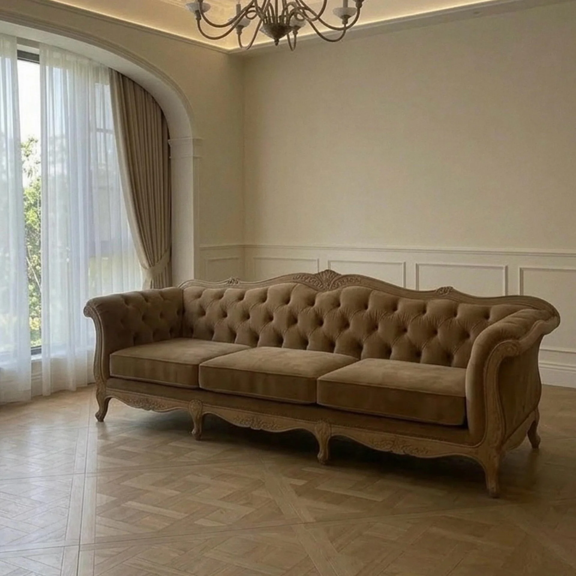 #@American Solid Wood Sofa Three-seater Living Room Set, Fabric with Zipper Closure, French Country Retro Villa Furniture
