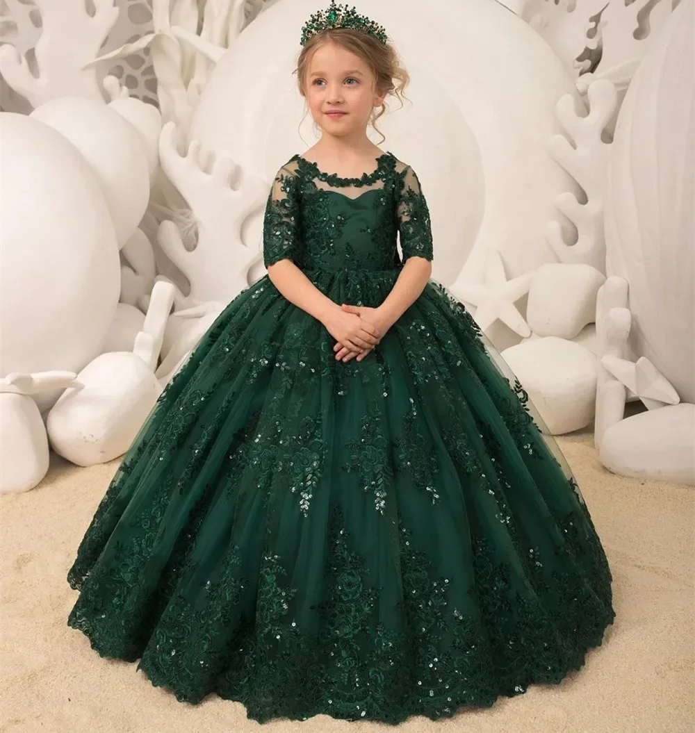 Simple Flower Girl Dress Green Tulle Lace Long Half Sleeved Sequin Bow Belt  Wedding Child Birthday First Communion Dress