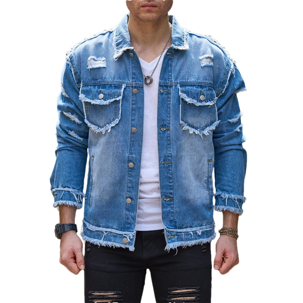 Street Stylish Holes Design Slim Men Denim Jacket Coat High Quality Male Distressed Casual Denim Jacket