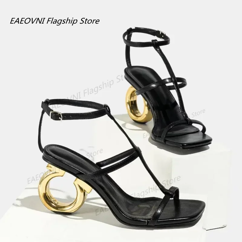 Women Shaped Heel  Sandals Pointed Toe Narrow Band Design Sandals Ankle Buckle Strap Clip Toe Roman Casual Beach Shoes Summer