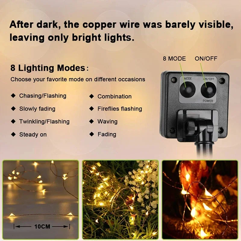 300LED Solar String Lights Outdoor Waterproof Copper Wire Fairy Lights 8 Modes Suitable for Wedding Party Christmas Decoration