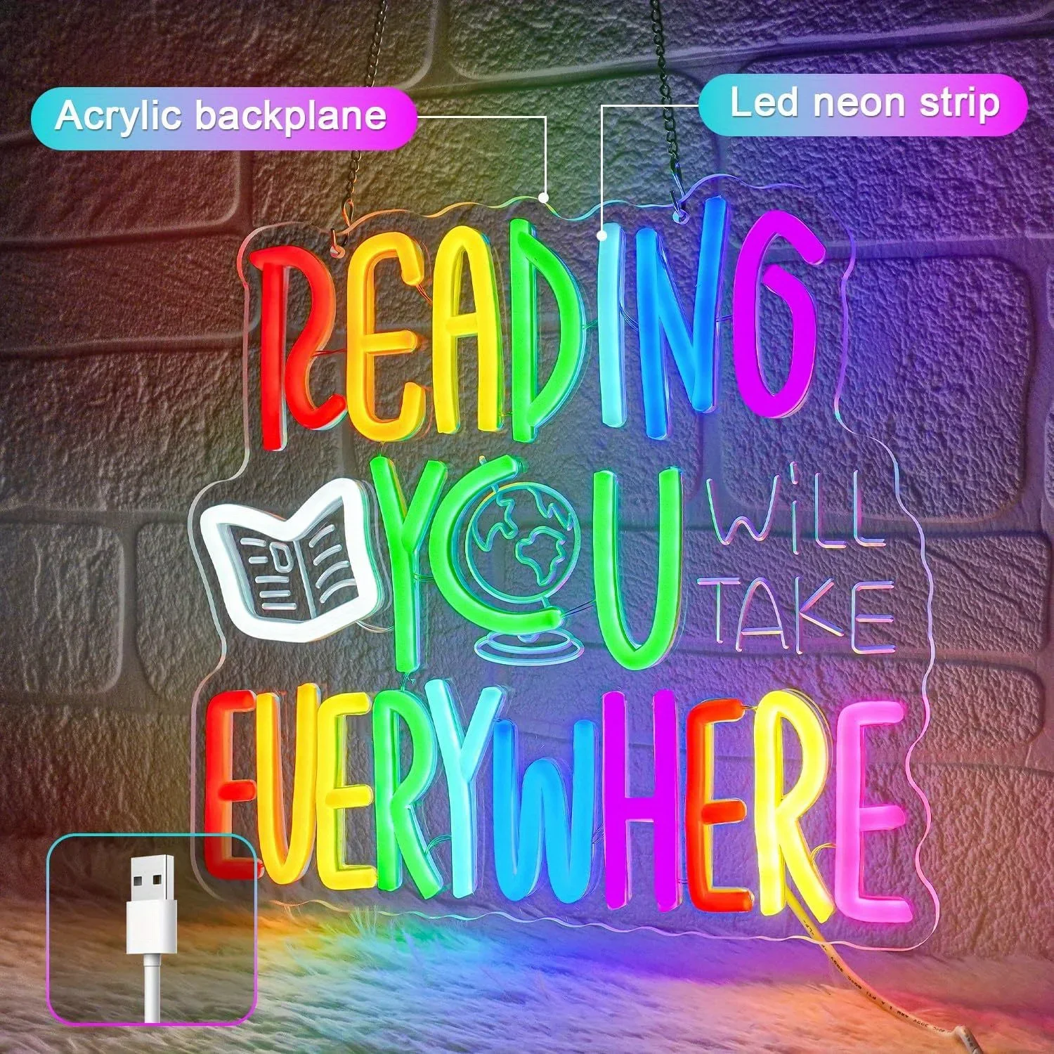 Reading You Will Take Everywhere Neon Sign LED Wall Art USB Powered  Rainbow Glow Book Lover Study Room Classroom Kids Decor