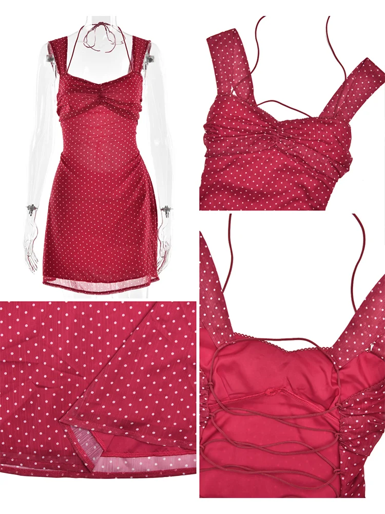 Mini robe trapèze en maille imprimée à pois pour femmes, bretelles Spaghetti, dos nu, à nouer, Sexy, Slim, courte, vêtements de fête