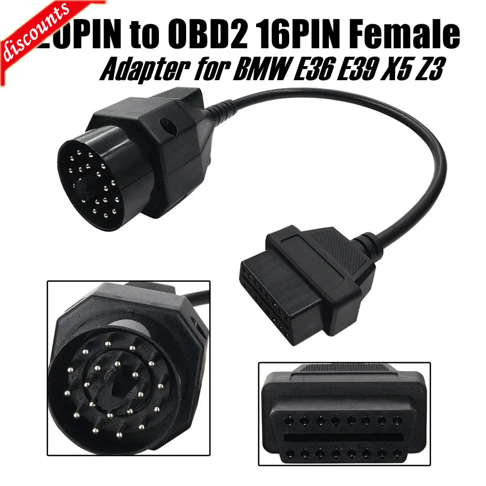 OBD Cable For BMW 20Pin To OBD2 16pin OBDII Female Connector For E36 E39 X5 Z3 OBD2 Extend Cable