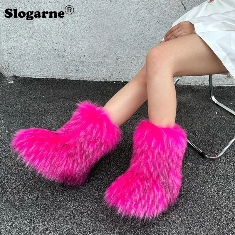 Winter Shoes Women Winter Fluffy Faux Raccoon Fur Boots Girls New Push Warm Snow Boots Luxury Footwear Fahsion Furry Fur Bottes