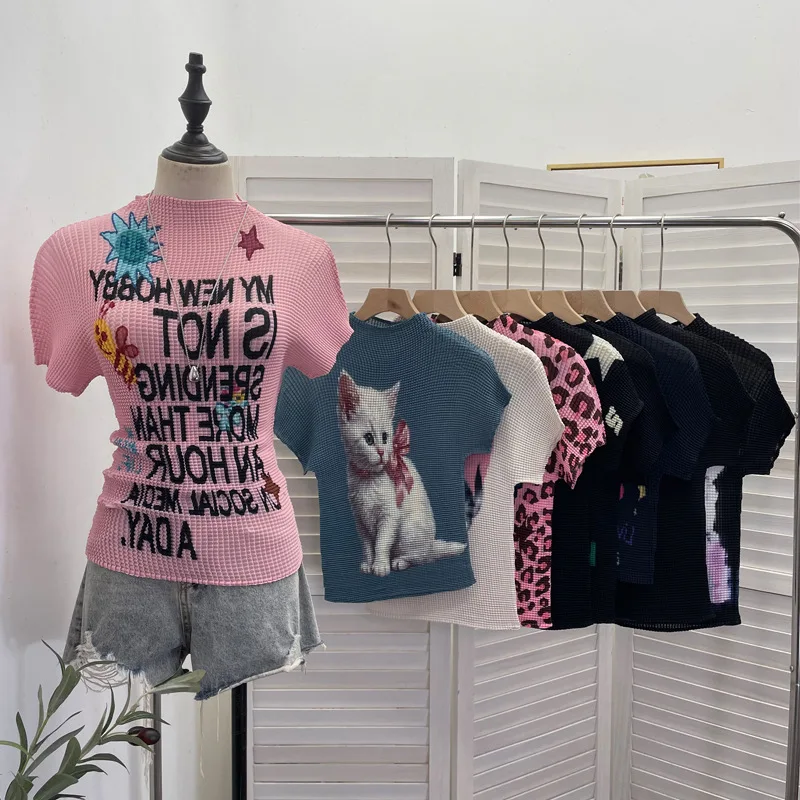 Women American Retro Y2K Ruched Elastic Crop Top T-shirt Summer Printed Slim Fit Short Sleeve Figure Flattering Blouse 23751