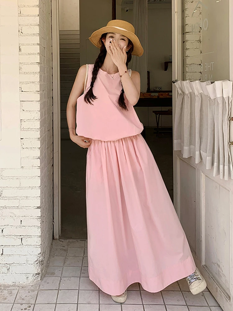 LANMREM Sweet Solid Color Two-piece Set For Women O-neck Sleeveless Tops With Casual Skirt 2024 Summer New Clothing 2Z1344