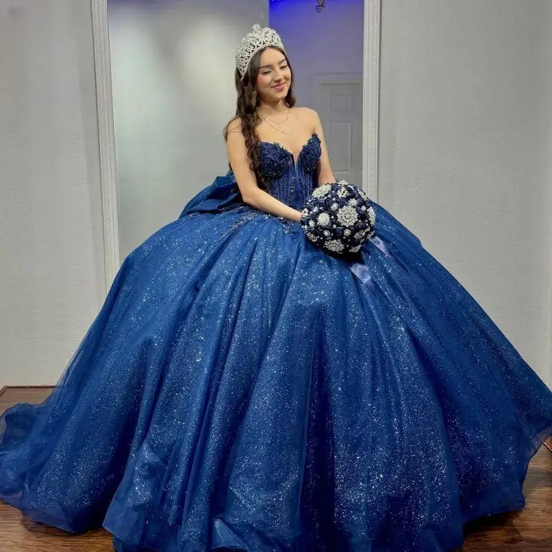 Azul marinho brilhante quinceanera vestidos de baile renda miçangas cristal arco tule rendas sem costas festa princesa doce 16 vestido colete