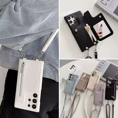 Card Slots Ring Holder Makeup Mirror Strap Lanyard Case For Samsung Galaxy Note 20 10 S20 S21 S22 S23 S24FE S25Ultra Cover