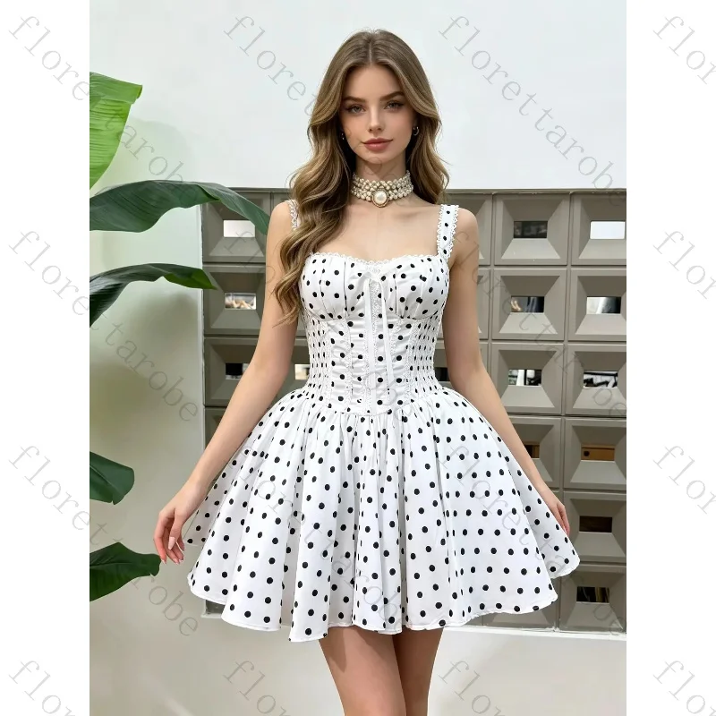 Customized White Polka Dot Mini Prom Dress Lace Trim Wide Strap Corset Lace Up Back Flared A Line Short Evening Party Gown