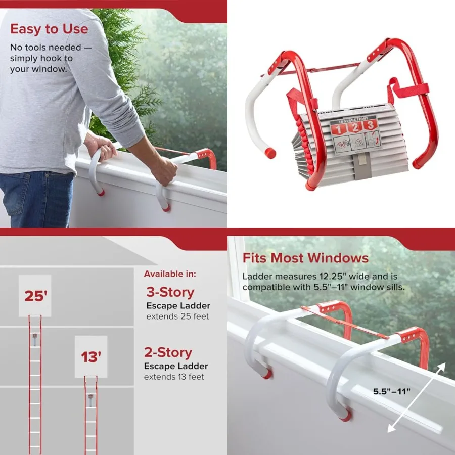 

Fire Escape Ladder, 2-Story Rope Ladder, Extends to 13-Feet, Anti-Slip Rungs