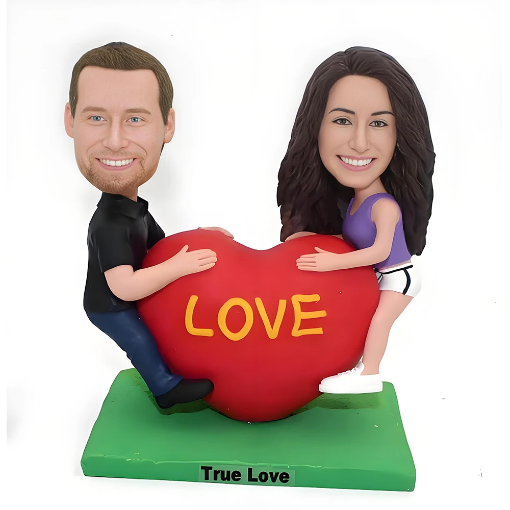 Custom Bobblehead Couple Figurine with Heart, True Love Couple Bobbleheads Romance Statue for Valentine's Day Cake Toppers