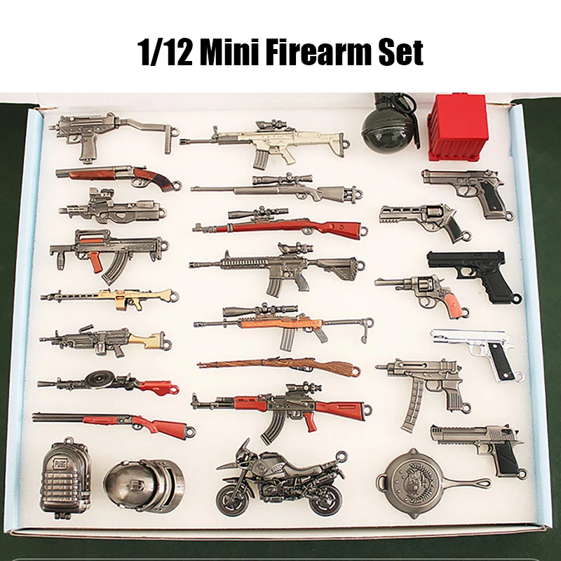 28pcs 1/12 Mini Firearm Set Metal Gun Weapon Model Gift Box Keychain Collection Doll Equipment Accessories Toys for Male Boy Kid