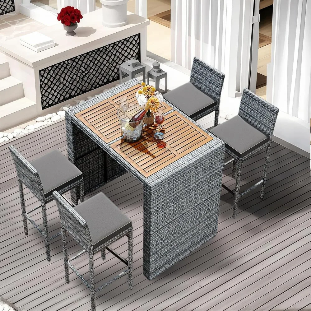 

5 Piece Rattan Patio Bar Set,Wicker Conversation Set Outdoor Furniture Set with Wood Desktop,4 High Stools,Dining Table