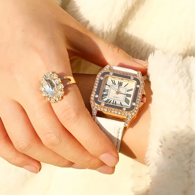 Kegllect-女性の高級ラインストーンクォーツ時計、アナログ腕時計、正方形ポインター、レトロ、5個セット