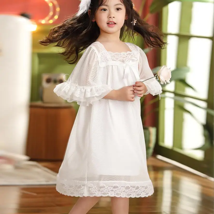 

Girl Palace Style Modal Nightgown Kids Short Sleeve Mesh Patchwork Homeclothes Quality Cotton Nightdress Children Pajamas Wz752