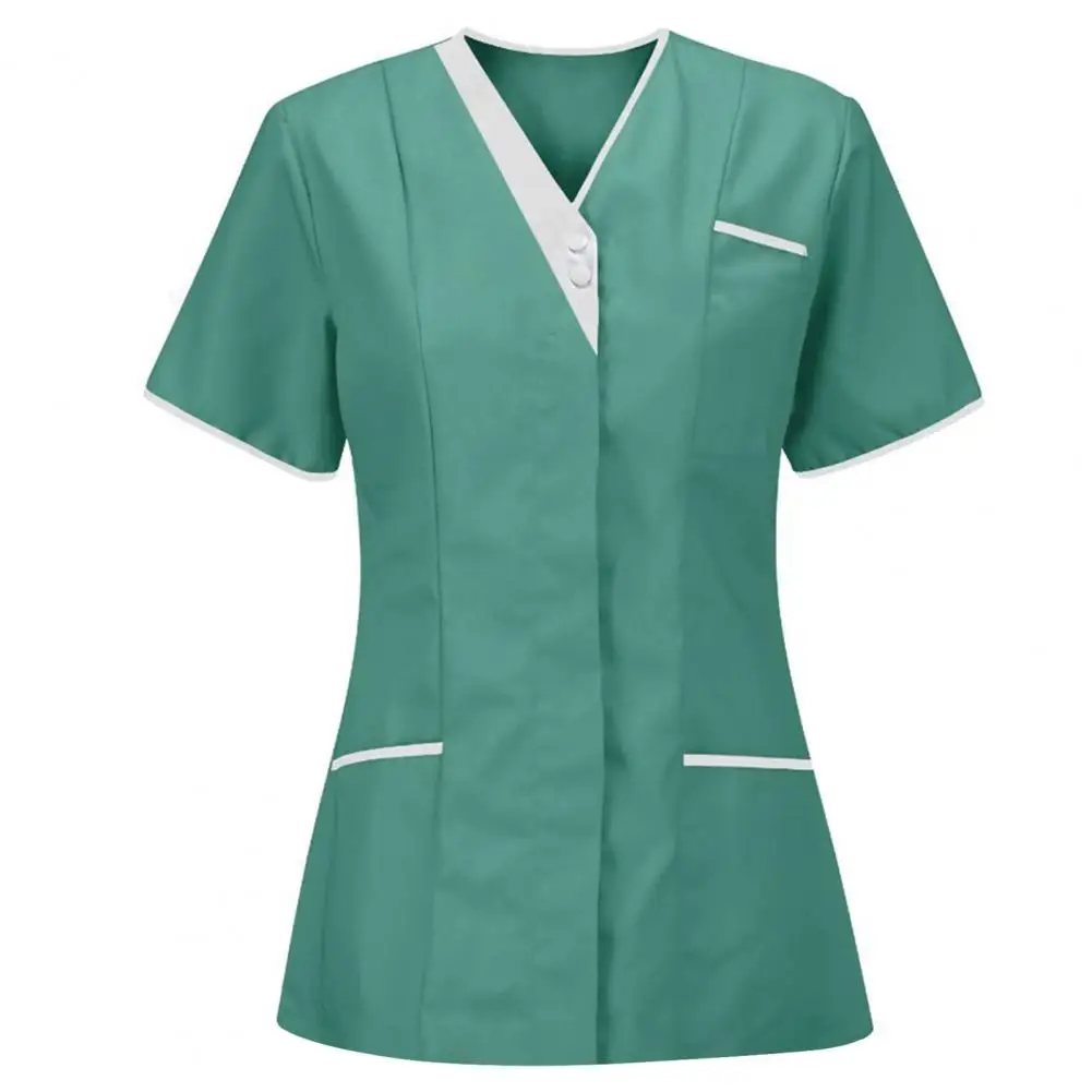 2025 V-neck Short Sleeve Tops Women's V-neck Nurse Uniform Scrubs Tops with Short Sleeves Pockets Patchwork Color for Medical