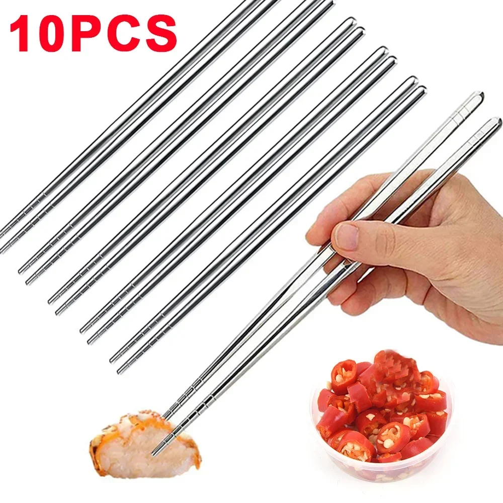 10/2Pcs Stainless Steel Chopsticks Reusable Non-slip Chinese Chopsticks Sushi Food Sticks For Household Kitchen Tableware Sets